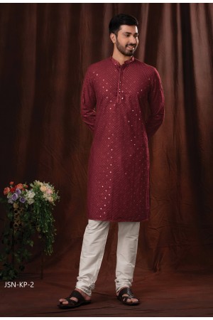 Maroon  Poly Cotton With Mirror Embroidery Kurtas Set 